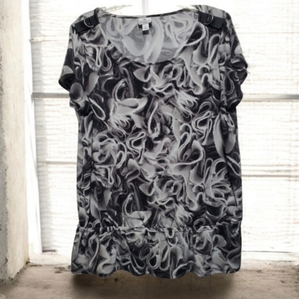 Worthington Black & Gray Short Sleeve Top Elastic Waist Size XL